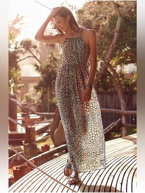 Anthropologie HD in Paris Mayacamas Halter Maxi Dress Beaded Print 4P